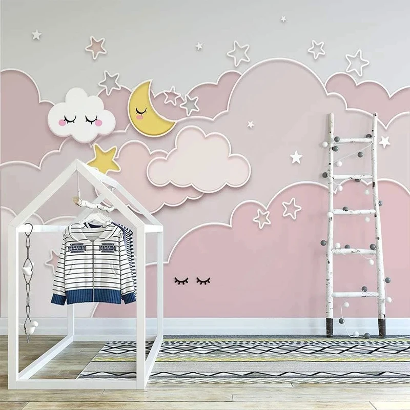 Papel De Parede Custom Wall Murals Wallpaper Painting Nordic Pink Starry Sky Clouds Living Room TV Backdrop For Bedroom טפט לשיש