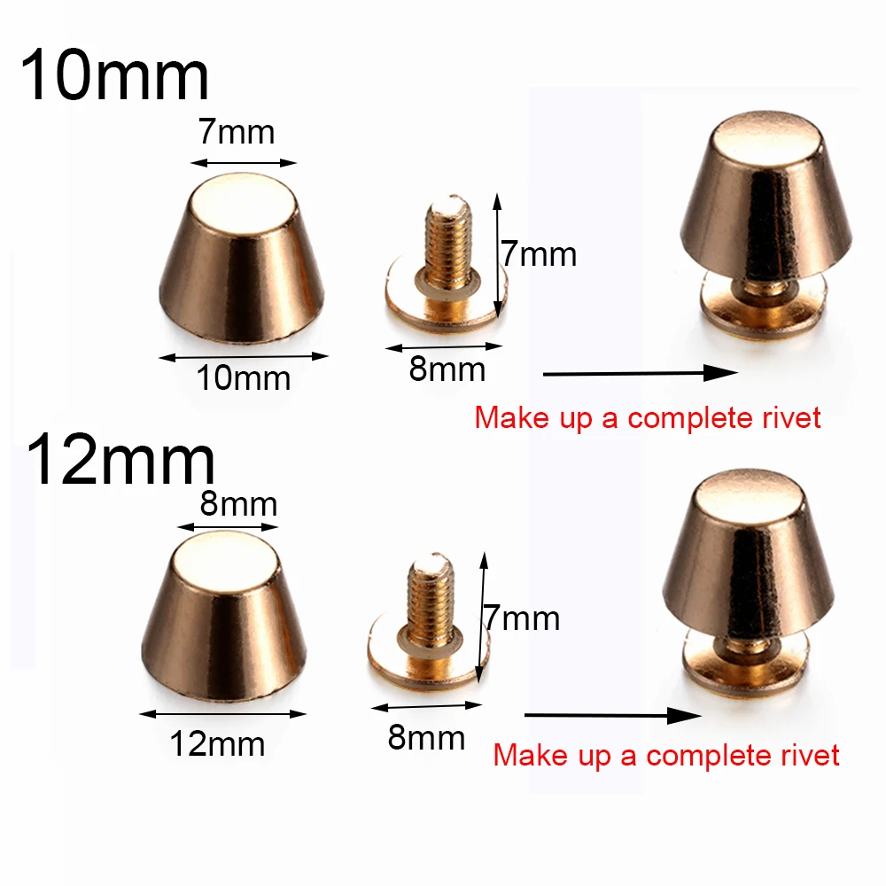 Juego de tornillos de cabeza redonda de 10/12mm, remaches de correa para artesanía de cuero, Perno de clavo en forma de cubo de Metal, Perno de