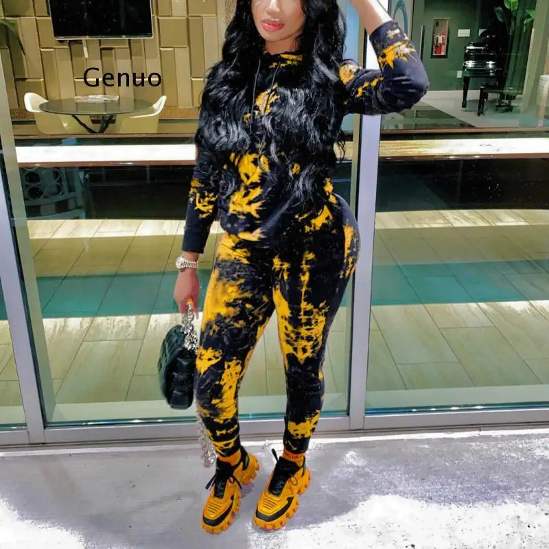 Tie Dye Hoodies Two Piece Set Women Jogging Tracksuit Sport Set 2021 New  Stayhome Style Loungewear Loose Casual Yellow