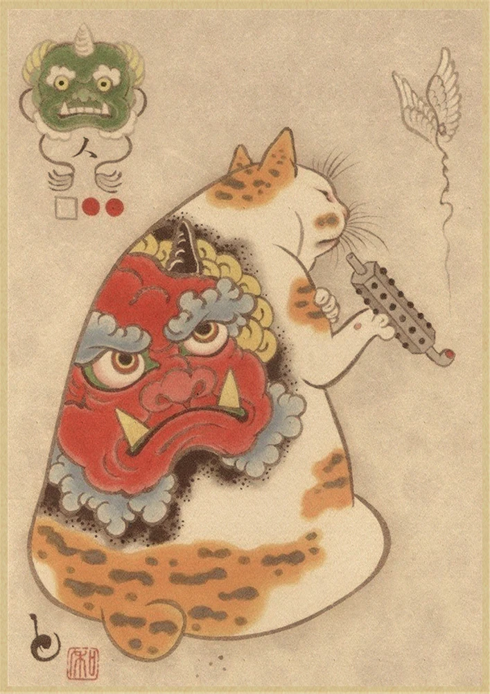 Japanische Samurai Katze Tattoo Katze Vintage Poster Wand kunst Aufkleber Malerei Wohnzimmer Dekoration Schlafzimmer Druck Bild