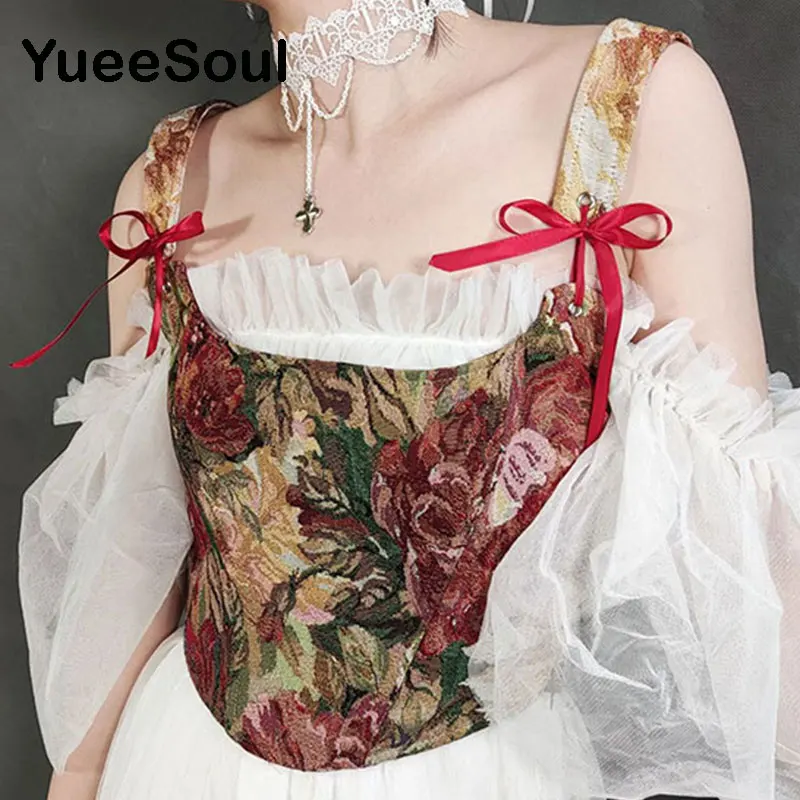 Floral Print Corset Bustier Red Bow Zipper Sleeveless Women Tops 2022 New Vintage Sweet Cute Y2K Aesthetic Fairycore Tank Top