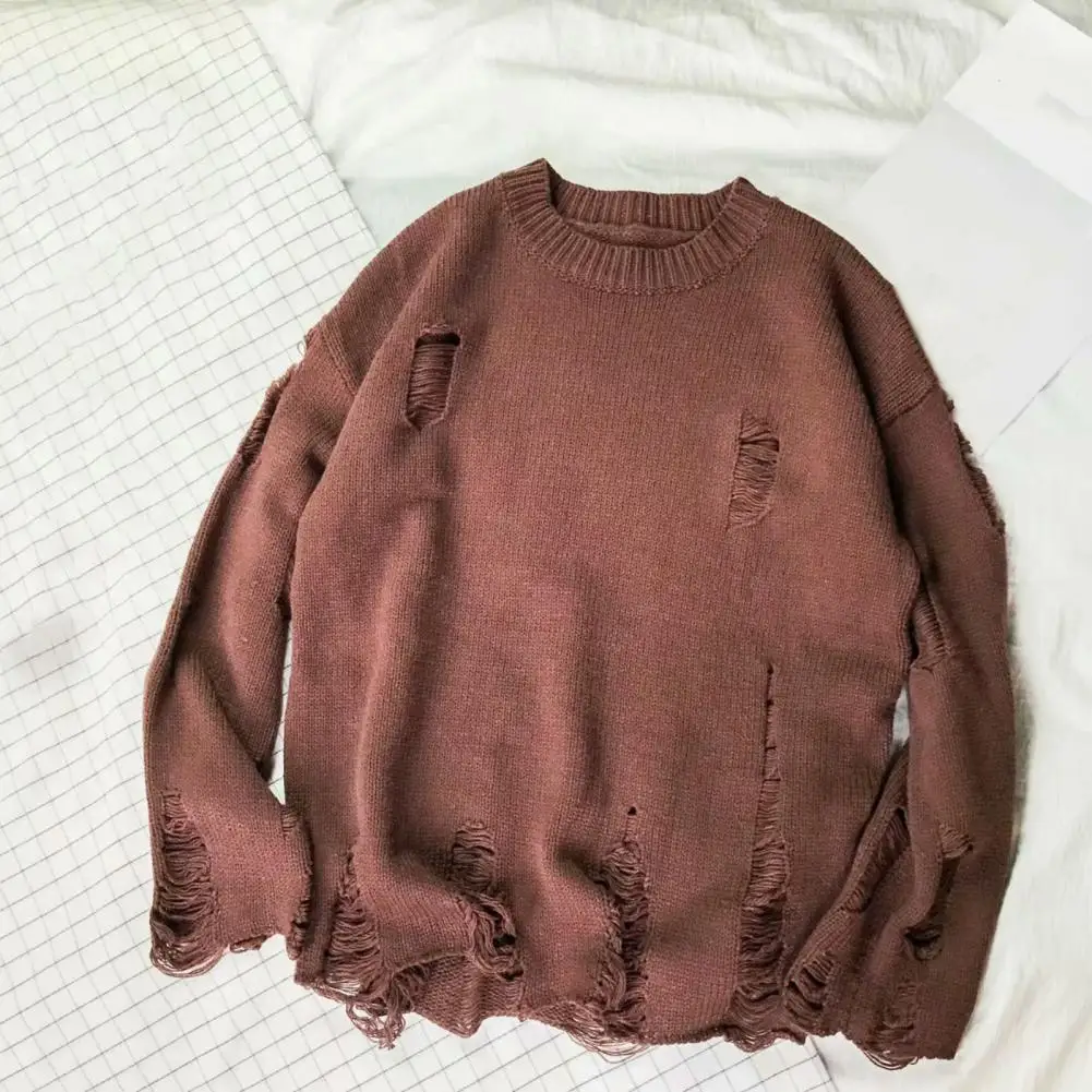 Men Sweater Solid Color Ripped O Neck Oversized Couple Sweater for Daily Wear