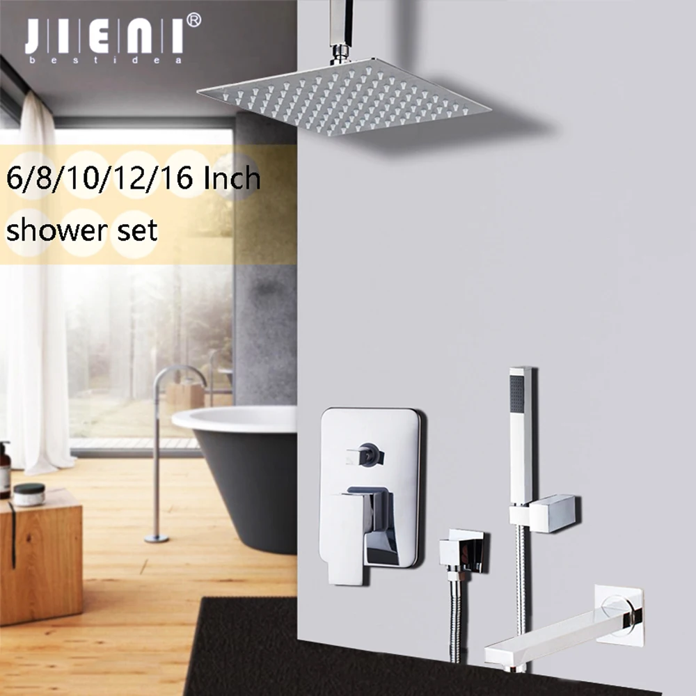 JIENI 8/16 Inch Chrome Polished Bathroom Shower Set Rainfall Head Ceiling Mounted Mixer Chrome Brass Shower Set Faucet