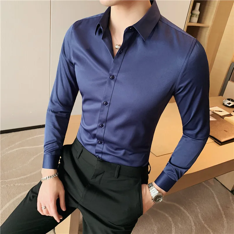 High Quality New Solid Dress Shirt Men Long Sleeve Fashion Slim Male Social Casual Business Shirt Black White Green Dress Shirt