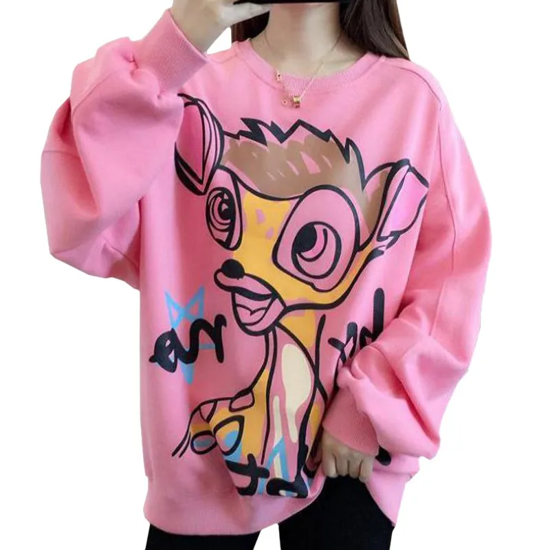 

Autumn Winter Plus Velvet O-neck Casual Women Sweatshirt Print Harajuku Cartoon Cute Calf Pullover Korean Letter Coat Female