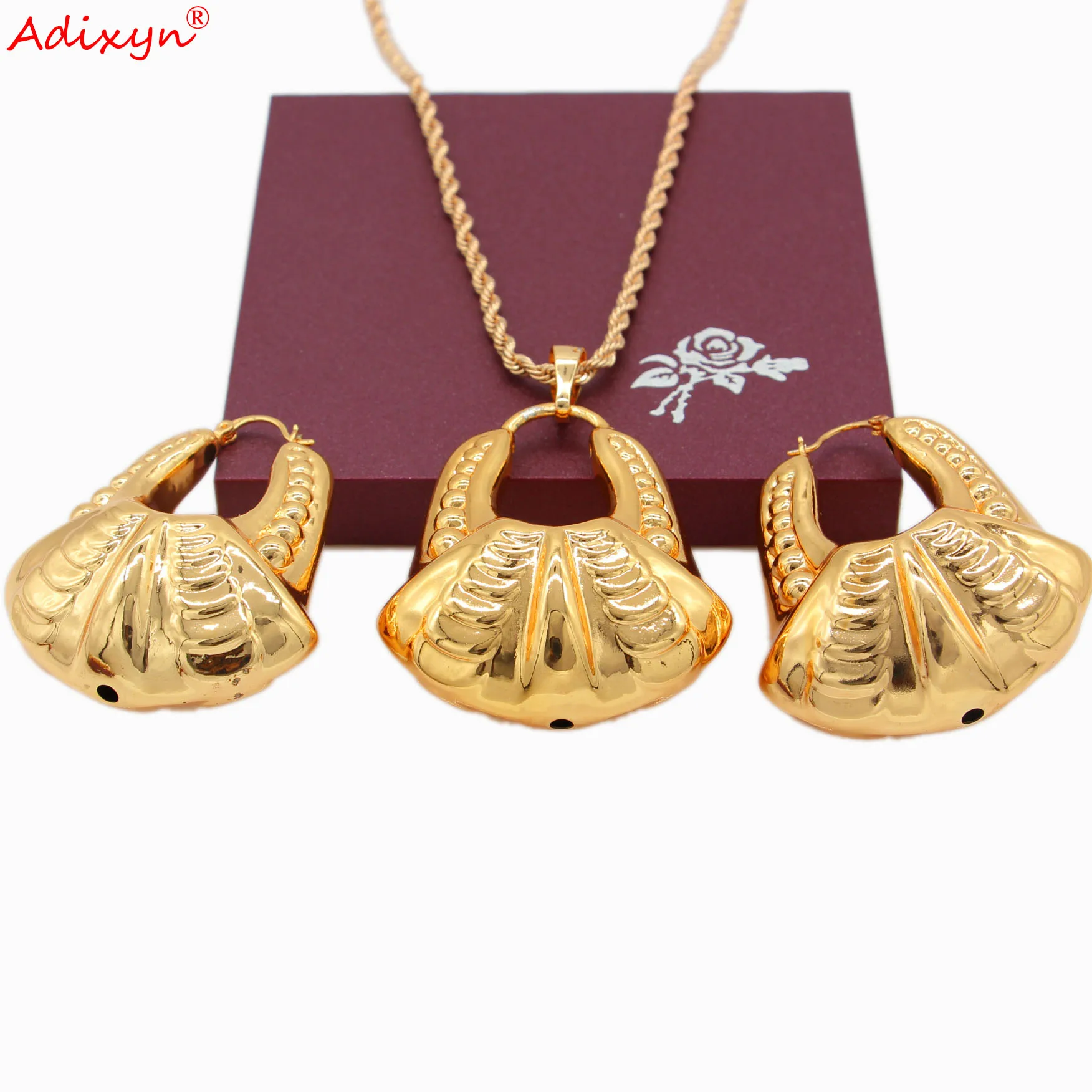 Adixyn Hollow Casual Pendant Earrings Necklace Set Jewelr for Women Men Gold Color Nigeria Franch Styles N051418