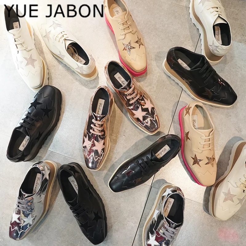 YUE JABON donna Star s mocassino punta quadrata stringata fondo spesso piattaforma zeppa scarpe altezza crescente stella scarpe Casual donna