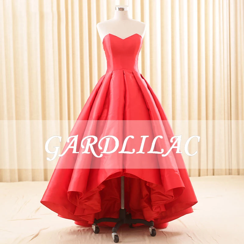 Gardlilac Elegant Satin Sweetheart Red Evening Dresses  A-Line Hi-Low Formal Prom Party Gowns With Pockets