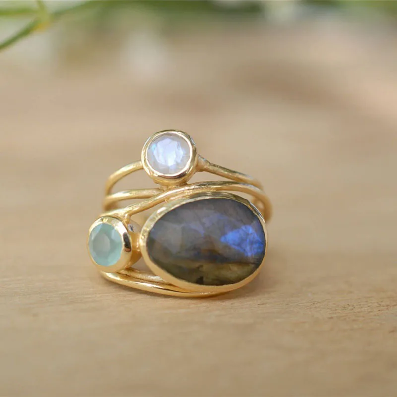 Delicate Multi-layers Cross Moonstone Rings for Women Boho Gold Color Round Opal Resin Simulated Shell Rings