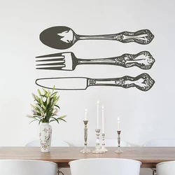 Large 3 Pcs Silverware Fork Spoon Knife Cabinet Door Wall Sticker Silverware Kitchen Tools Cabinet Wall Decal Kitchen Vinyl Deco