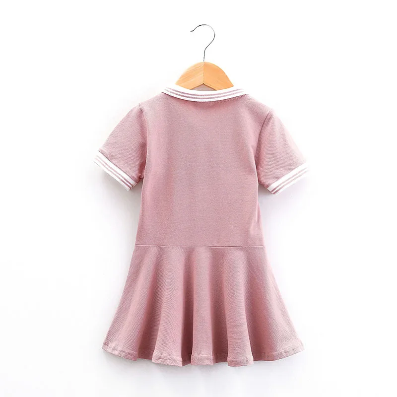 Girls Dress Summer Cute College Style Cotton Bear Embroidery Polo Pleated Dresses Casual Baby Girl Ruffled Dress Party Vestidos