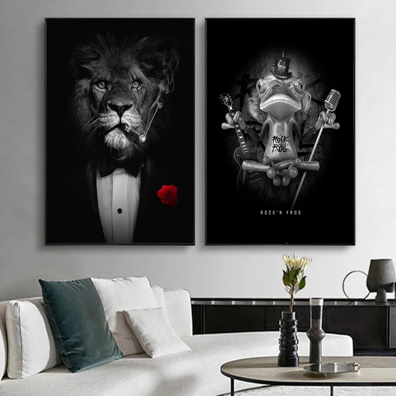 Black Bad Lion a Suit Posters And Prints Abstract Lion Smoking a Cigar Canvas Painting On the Wall Art Pictures for Home Decor