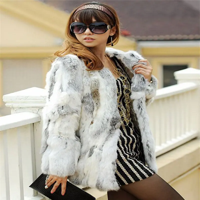 Harppihop*Real Farm Rabbit Fur Coat Women Striped Jacket Luxury Parkas Wedding 70cm