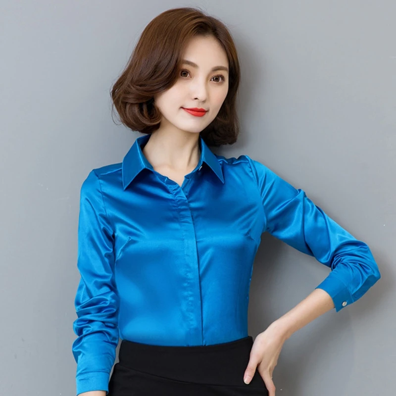 Stinlicher camisa de seda cetim feminina primavera outono manga longa elegante trabalho wear topos moda coreana branco azul preto blusa camisa