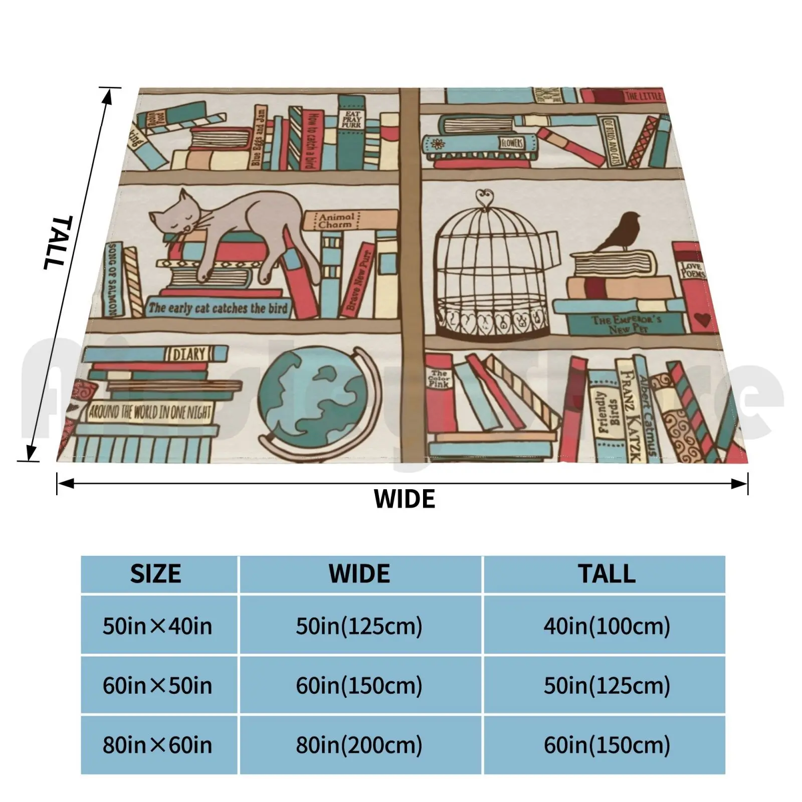 Bookshelf No.2 Blanket For Sofa Bed Travel Cat Sleeping Books Bookshelf Hand Drawn Pattern Reading Writer Novel