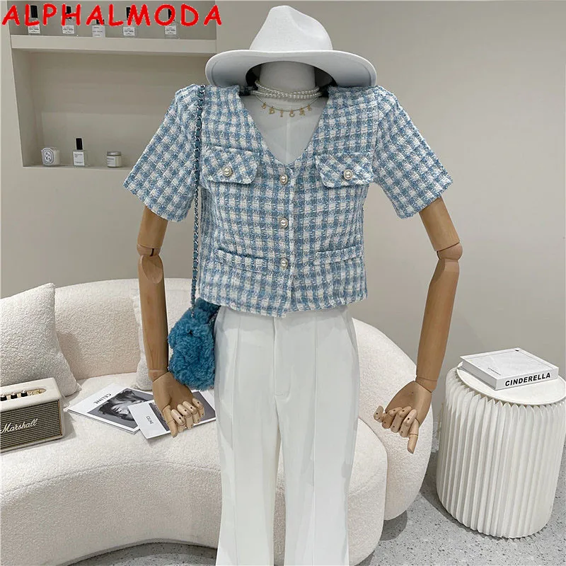 

ALPHALMODA V-neck Short Sleeve Jacket Women's 2021 Spring Summer New Blue White Contrast Plaid Pearl Breasted Top Slim Outfit