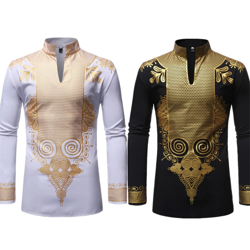 

African Dresses for Men Long Sleeve Print Rich Bazin Dashiki Africa Fashion Style Hot Stamping 2022 Mens Tops Clothing