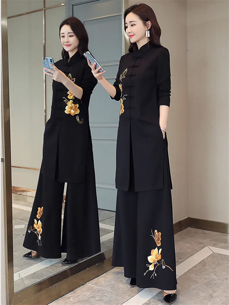 Chinese Style Two Piece Set Women Fashion National Embroidered Wide Leg Pants Clothing Vintage 2022 Suit Conjuntos De Mujer