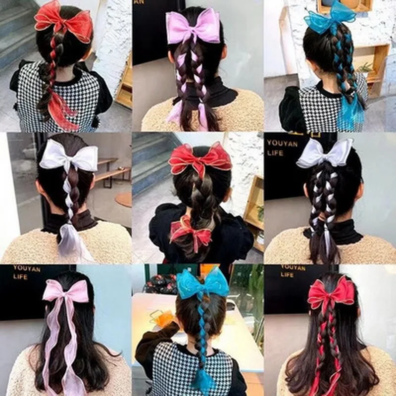 Korea Children Cute Colorful Ribbon Lace Bow Hairclip For Girls Sweet Weave Ponytail Hairpin Kid Barrettes Princess Accessories