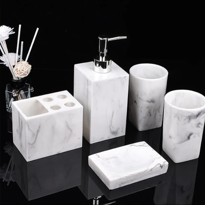 5pcs Resin Bathroom Accessories Set Bathroom Set Marble Texture Toothbrush Holder Liquid Soap Dispenser Soap Dish Tumblers