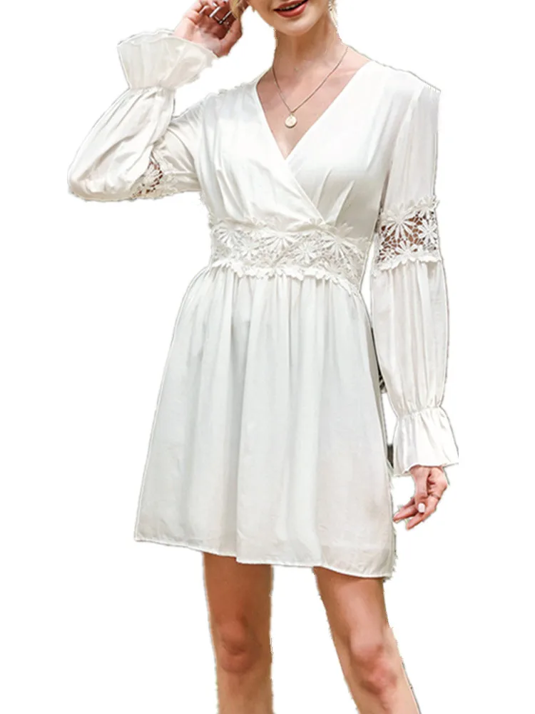 

Pdfmily White Floral Patchwork Elegant Fashion Dresses Women Autumn Casual V-Neck Long Puff Sleeve Back Zipper A-Line Mini Dress