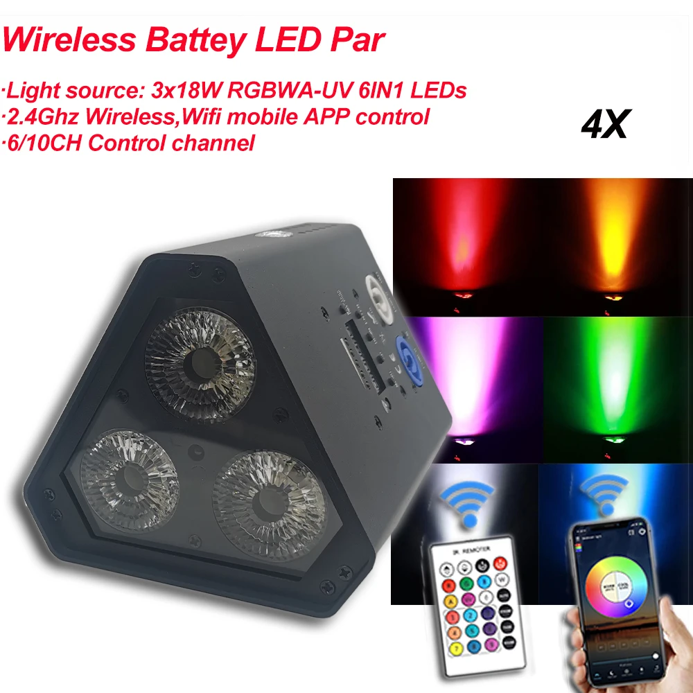 

4Pcs/Lot LED 2.4Ghz APP Wireless Remote Control Battery Par Light 3x18W RGBWA-UV 6IN1 Stage Efeect Light For DJ Party Christmas