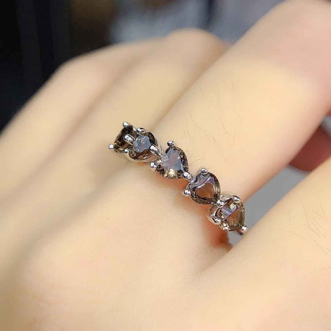 

925 Sterling Silver 4x4mm Heart Shaped Smoky Quartz Band Ring Natural Gemstone Jewelry For Gift