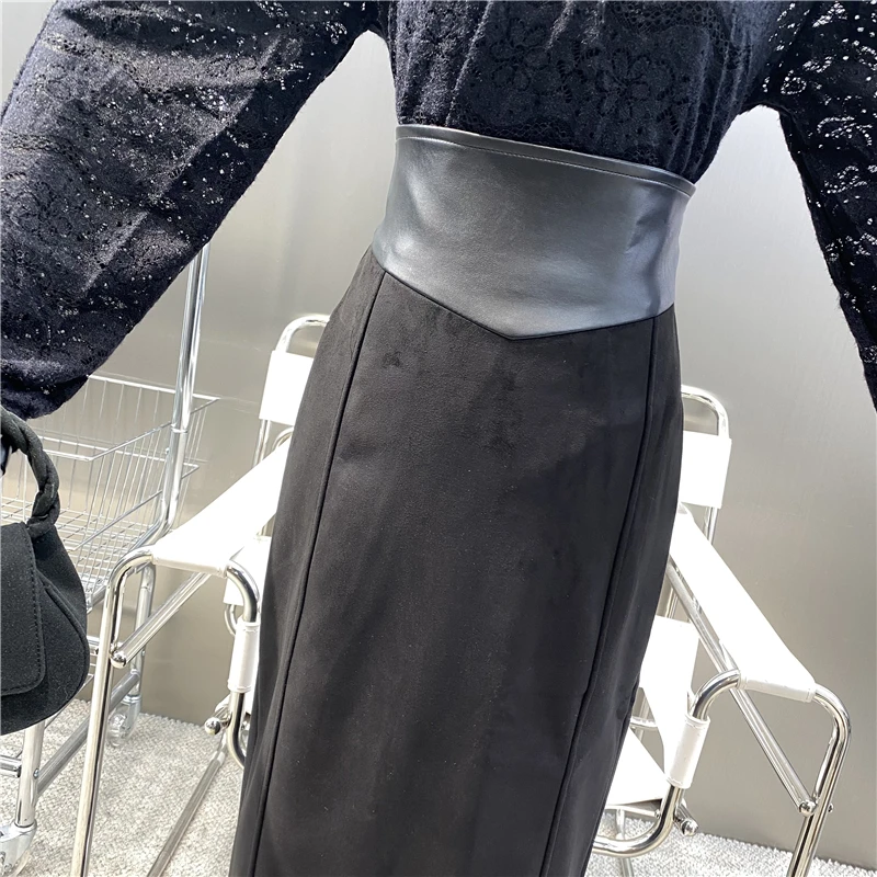 New 2021 Plush And Thickened Patchwork Leather High Waist Straight Skirt Fashion Versatile Feminine Thin Suede Skirt