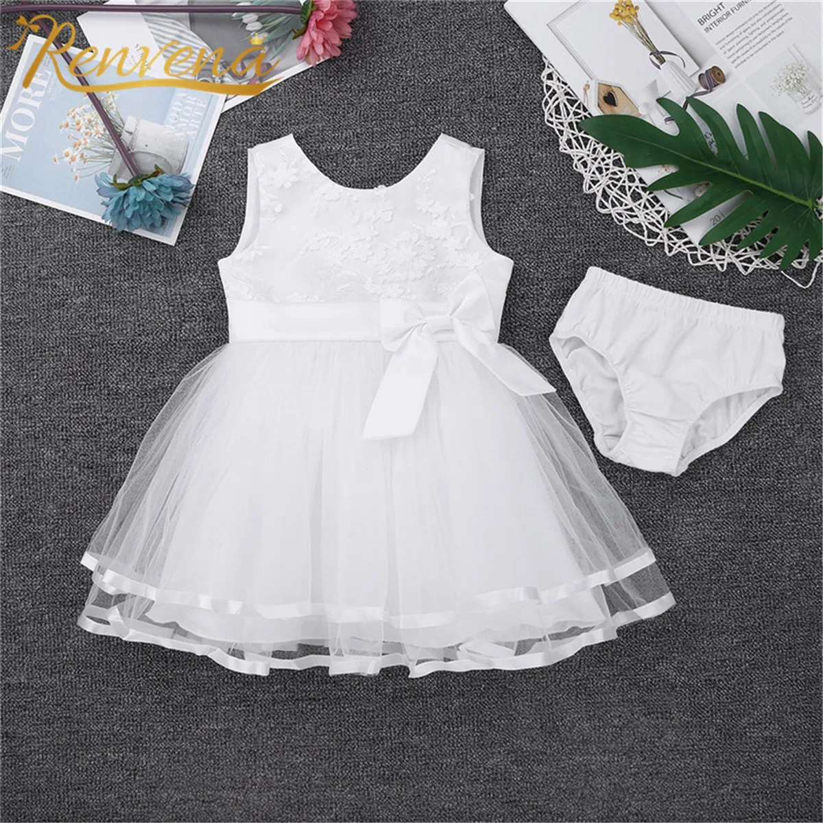 White Baby Girls Dress Big Bowknot Infant Party Dress For Toddler Girl First Brithday Baptism Clothes Babys Formal Tutu Dresses