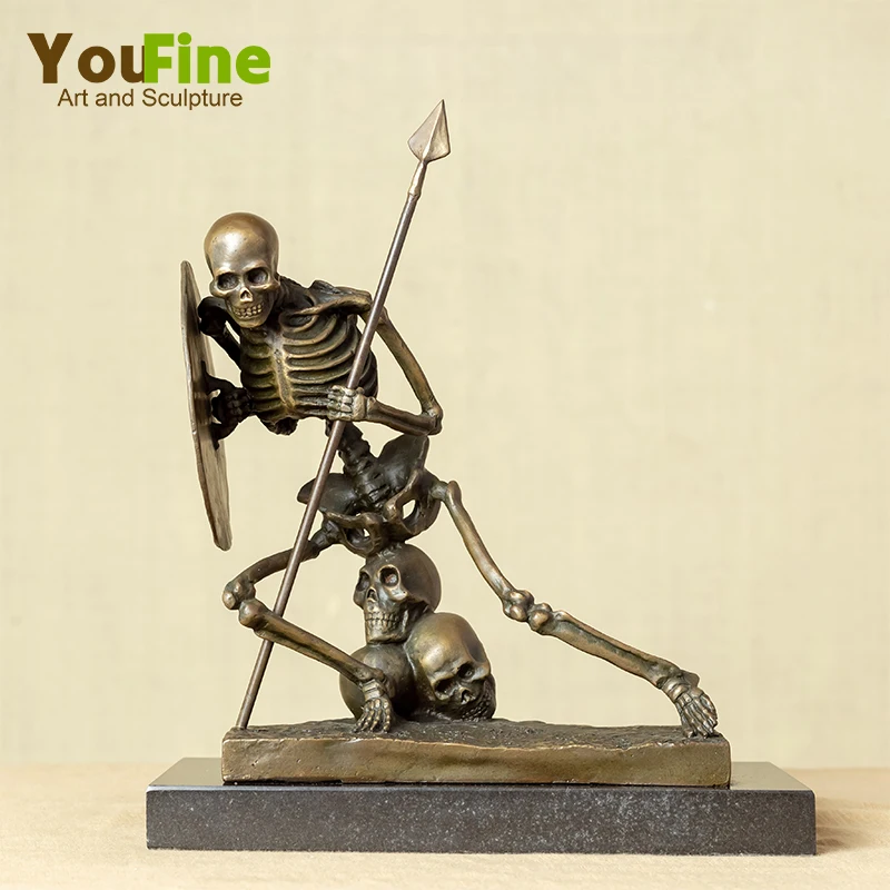 Bronze Skeleton Statue Skeleton in Battle Sculpture Skeleton Warrior Shield and Spear Bronze Statue Antique Western Art Decor