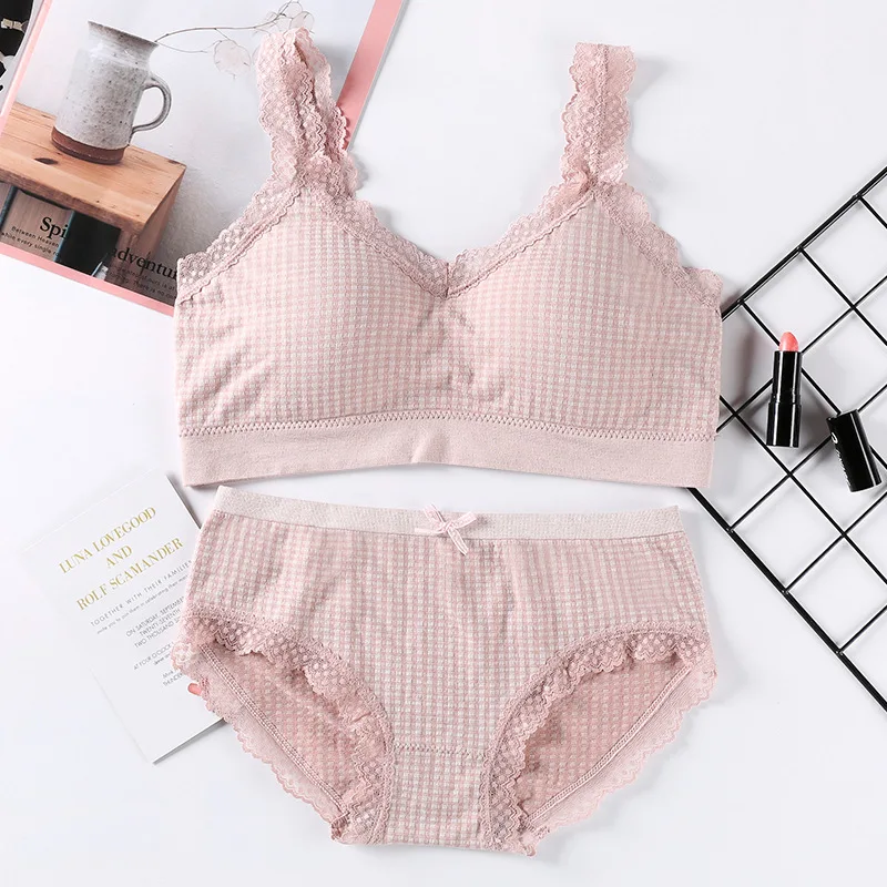 Conjunto de sujetador y bragas para mujer, Top corto con sujetador de realce, conjunto de lencería Sexy para mujer, camisola con tirantes de encaje, conjunto de ropa interior sin costuras