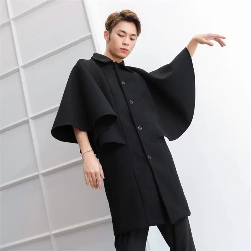 

Men's coat autumn/winter new fashion men's long loose woollen coat men's fake two woollen clothes cape cape bat coat trend