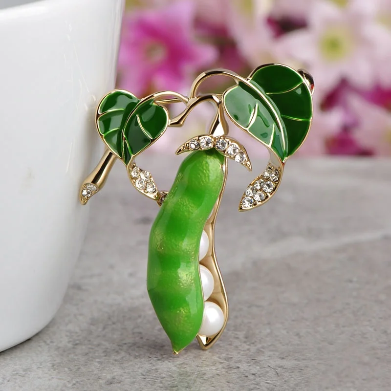 Enamel Green Pea Brooches For Women Gold-color Crystal Simulated Pearls Corsages Men Kids Sweater Suit Accessories Pins