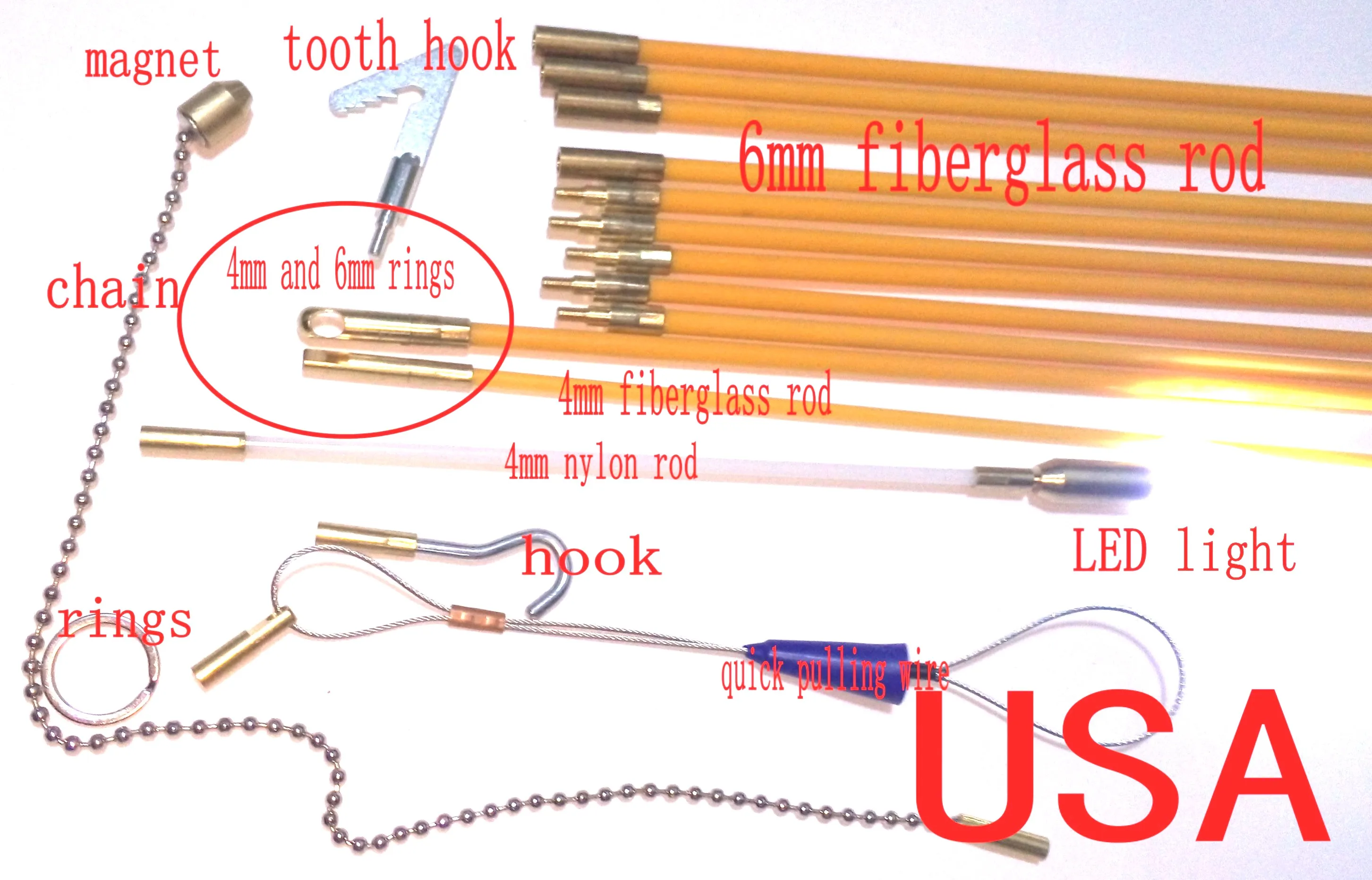 Cable Access Kits 20x100cm 20PCS rods with hook,rings,LED light,magnet,chain cable puller push pull rod sanke rod wire puller