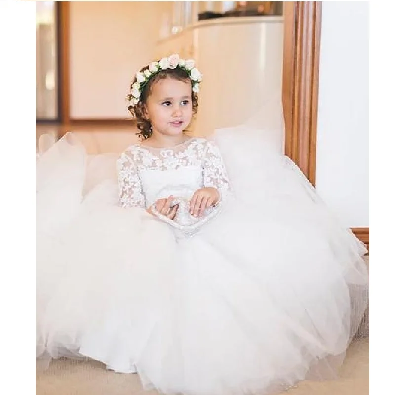 Vintage Flower Girls Dresses Scoop Neck Lace Applique Beaded Tops Tulle Formal Pageant Dresses Flower Dress for Wedding Party