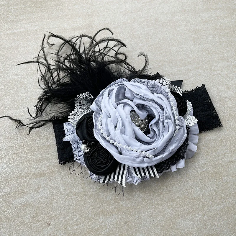 White Black Big Burned Flower Couture Headband