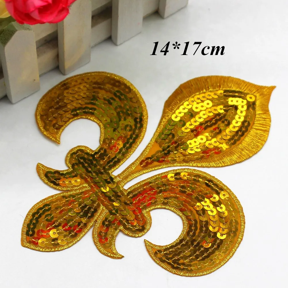 Iron On Sequined Appliques Gold Embroidered Patches 16CM*14CM