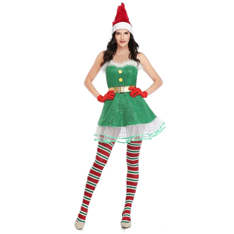 New Women Sexy Christmas Green Elf Costume Xmas Party Cosplay Fancy Dress Santa Helper Elf Dress and Hat Suit