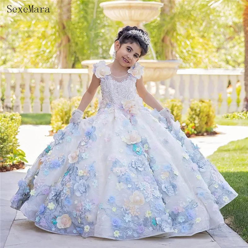 Vestido de princesa para niña, vestidos de flores, apliques de encaje Floral 3D, flores, fiesta Formal, vestidos de cumpleaños