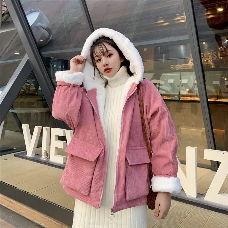 

New Fall Winter Cotton Jacket Women Plus Velvet Thick Korean Hooded Corduroy Jacket Long Sleeve Loose Cotton Padded Jacket Tide