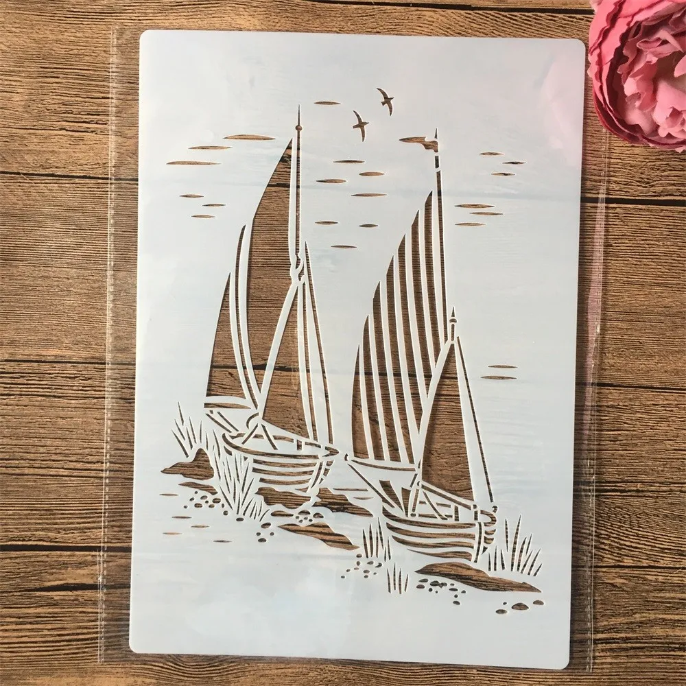 A4 29cm Two Sail Boat Marine DIY Layering Stencils Wall Painting Scrapbook Coloring Embossing Album Decorative Template