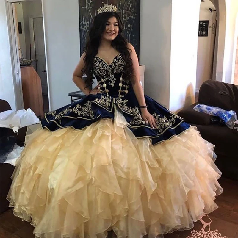 Женское и Золотое Платье Quinceanera Charro, винтажное милое платье с открытыми плечами, оборками из органзы в несколько рядов, платье для выпускного вечера 16