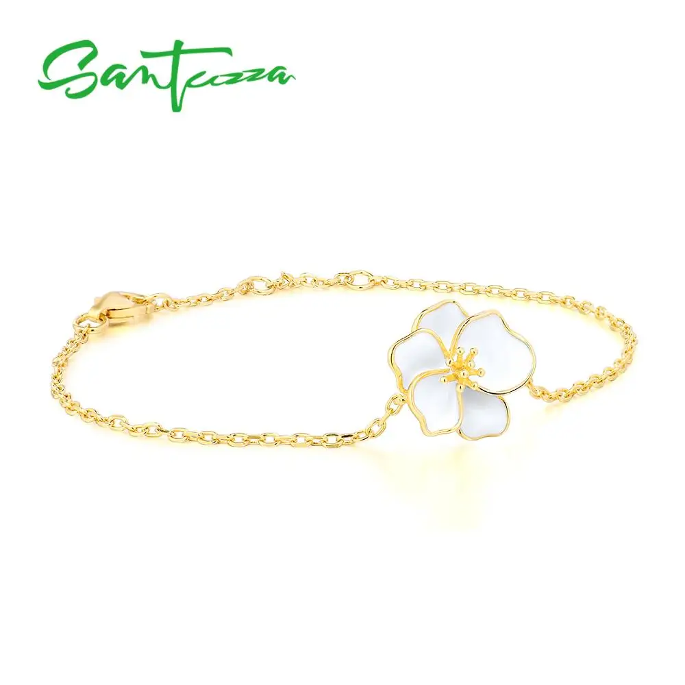 SANTUZZA Silver Bracelet for Women Pure 925 Sterling Silver Elegant White Orchid Flower Trendy Chic Fine Jewelry HANDMADE Enamel