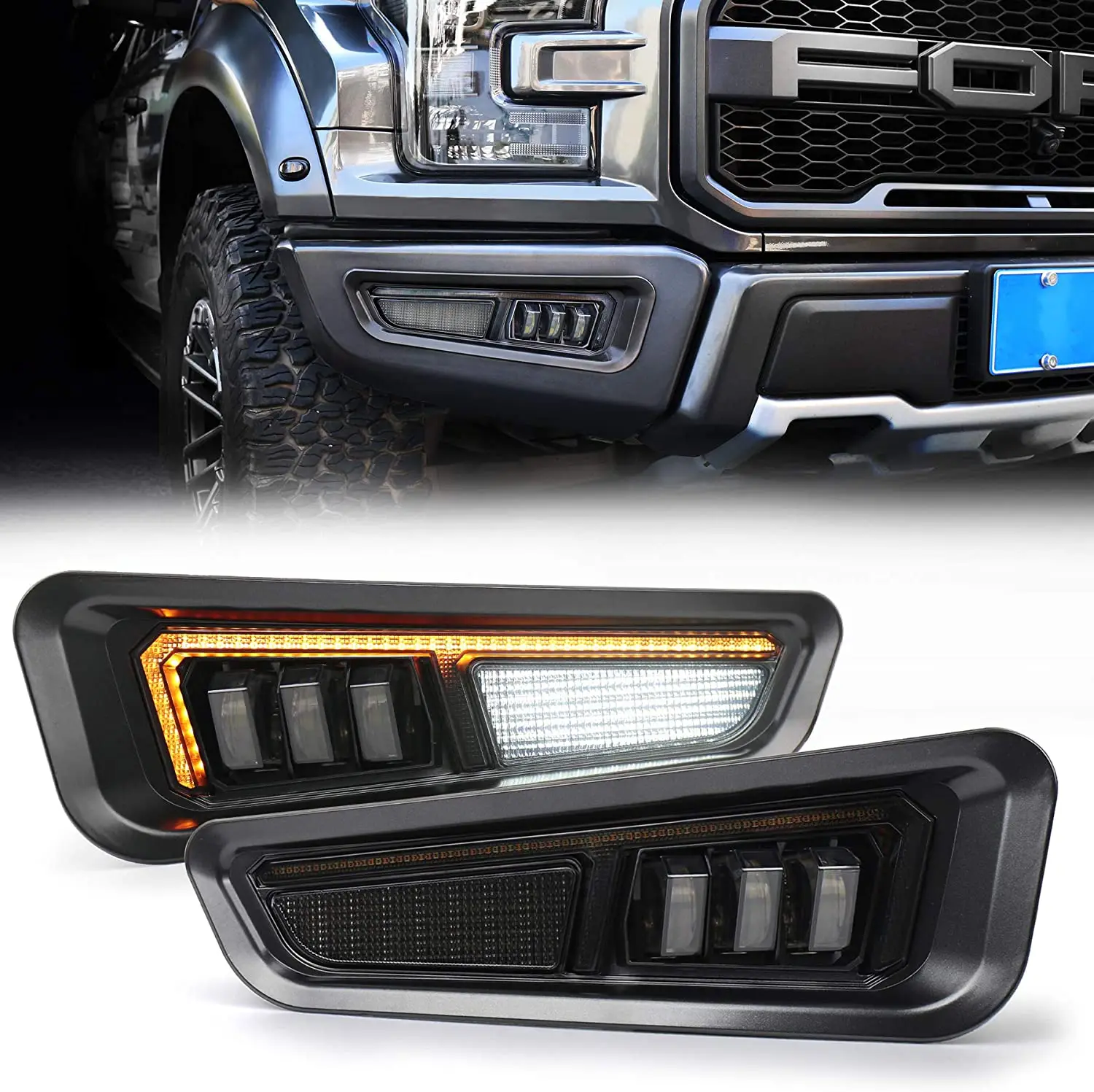 

FOR Raptor Fog Lamp with Continuous Amber Turn Signal DRL, Compatible with Ford F150 Raptor 2017 -2020 LED Daytime Running LIGHT