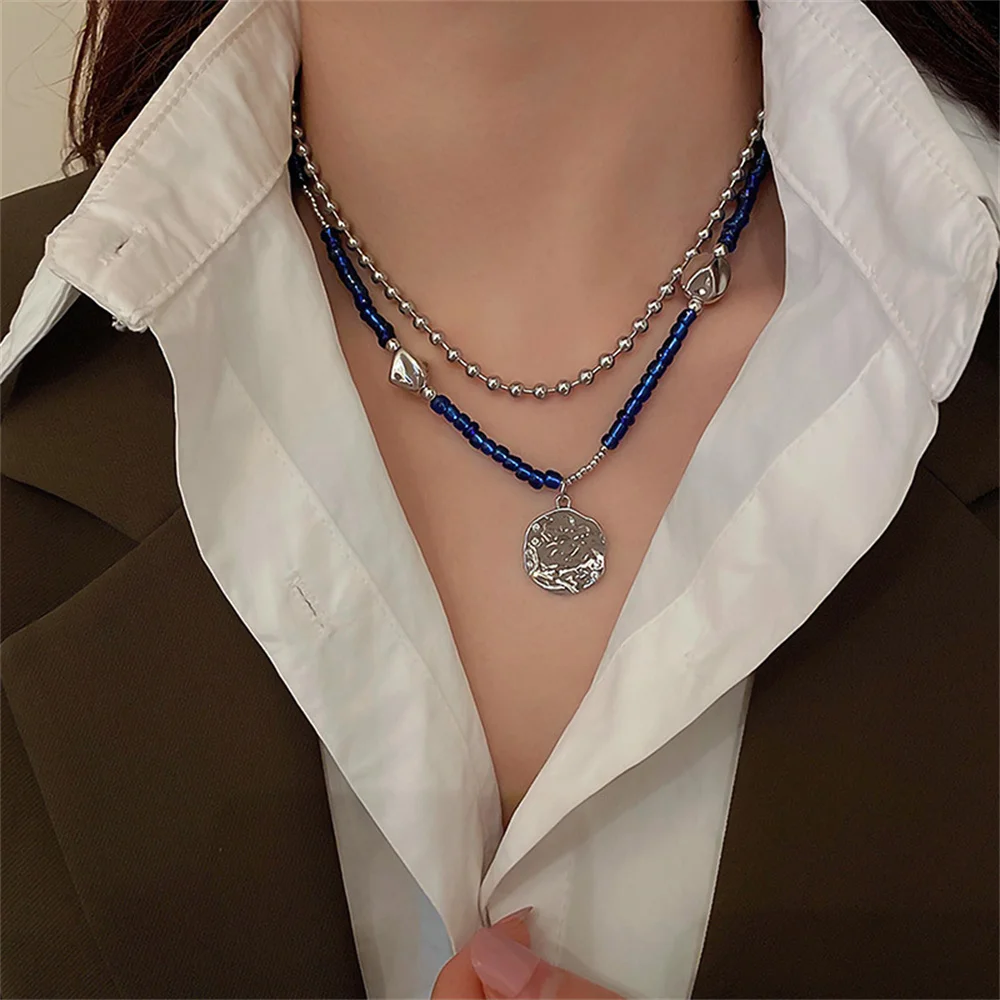 South Korea irregular round brand double layer necklace design splicing clavicle chain personality sweater sweater accessories