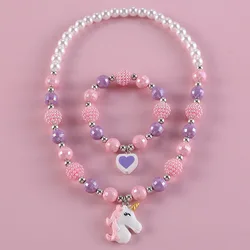 Makersland Children Sweet Necklace Bracelet Set Cute Pendant Pink Purple Beaded Girls Necklace Beads DIY Jewelry Wholesale