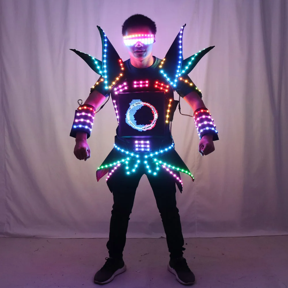 LED Robot Display Costumes Party Performance Wears Armor Suit Colorful Light Mirror Clothe Club Show Outfits Helmets Disco