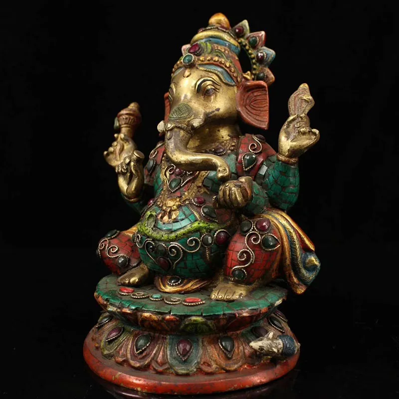 

Nepal Craftsmanship Pure Copper Painted Hand-inlaid Gemstone Elephant Trunk Bronze Statue of God of Wealth Desk Decor