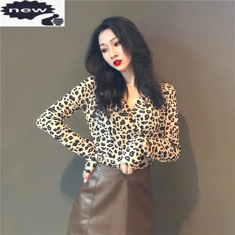 

Hot Sexy Women Leopard Printed Long Sleeve T-shirt Night Club Korean Ladies Cross V Neck Tops T-shirts Gauze Tees One Size