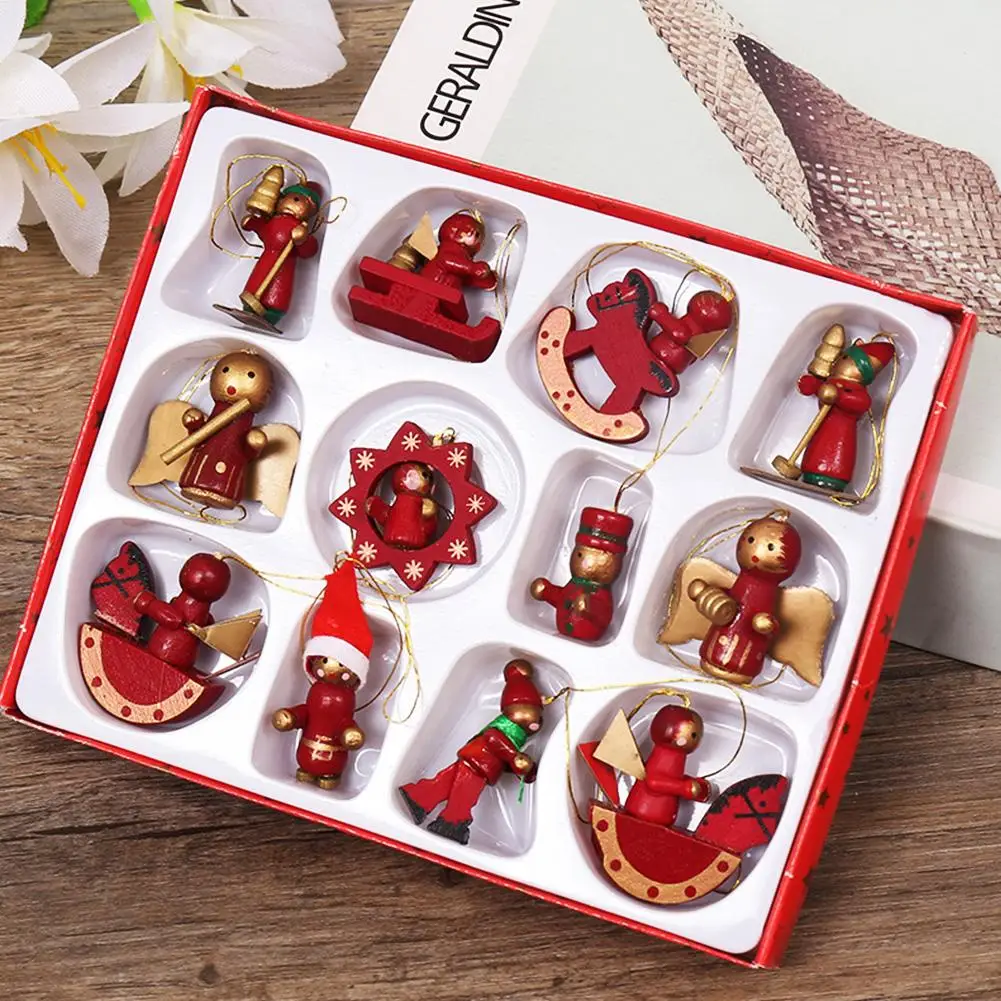 12pcs /set New Year Christmas Tree Hanging Christmas Wooden Ornaments Miniature Ornaments For Home Mall Decor Wholesale